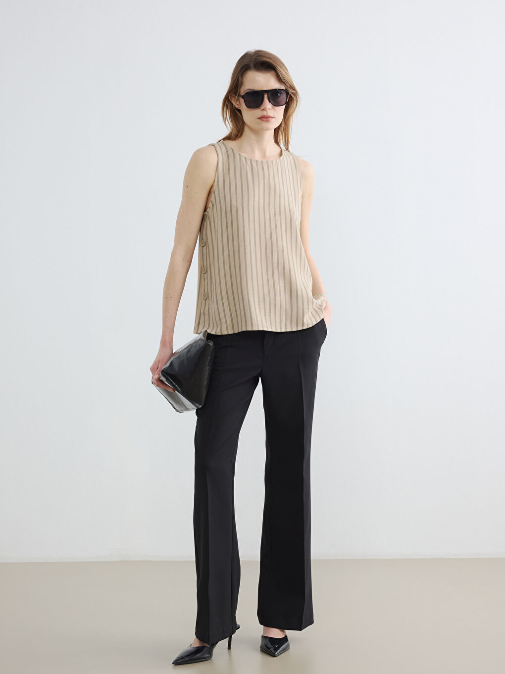 Crew Neck Striped Linen-Look Blouse-1