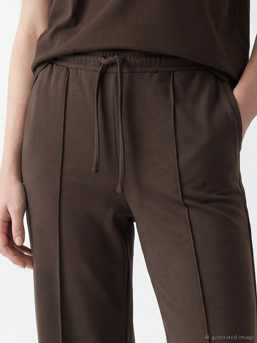 Kahverengi Beli Lastikli Soft Touch Kadın Eşofman Altı-2