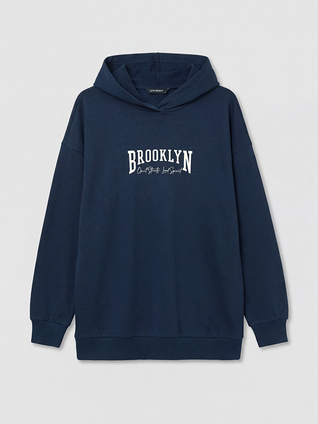Lacivert Kapüşonlu Brooklyn Baskılı Kadın Sweatshirt Tunik