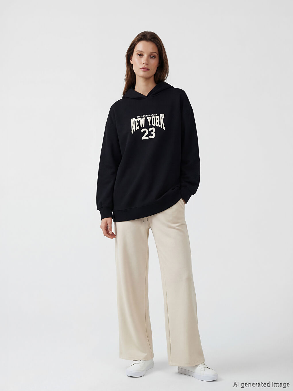 Siyah Kapüşonlu New York Baskılı Kadın Sweatshirt Tunik-1