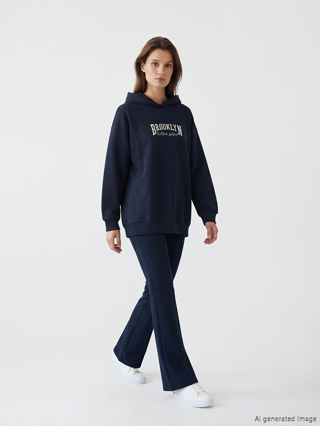Lacivert Kapüşonlu Brooklyn Baskılı Kadın Sweatshirt Tunik-1