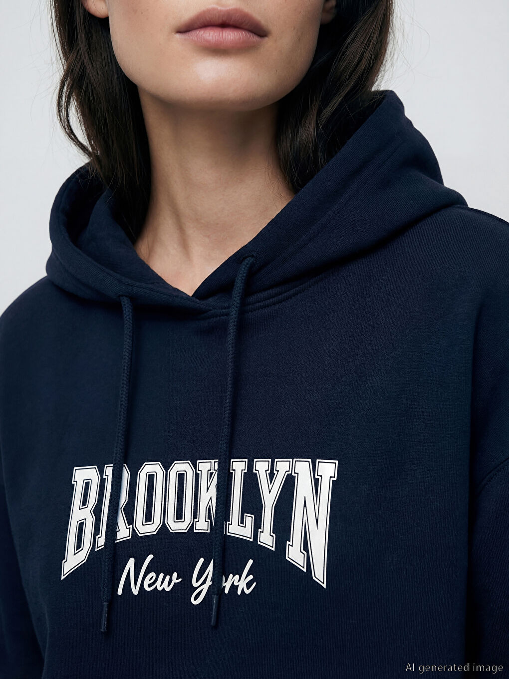Lacivert Kapüşonlu Brooklyn Baskılı Kadın Sweatshirt Tunik-2