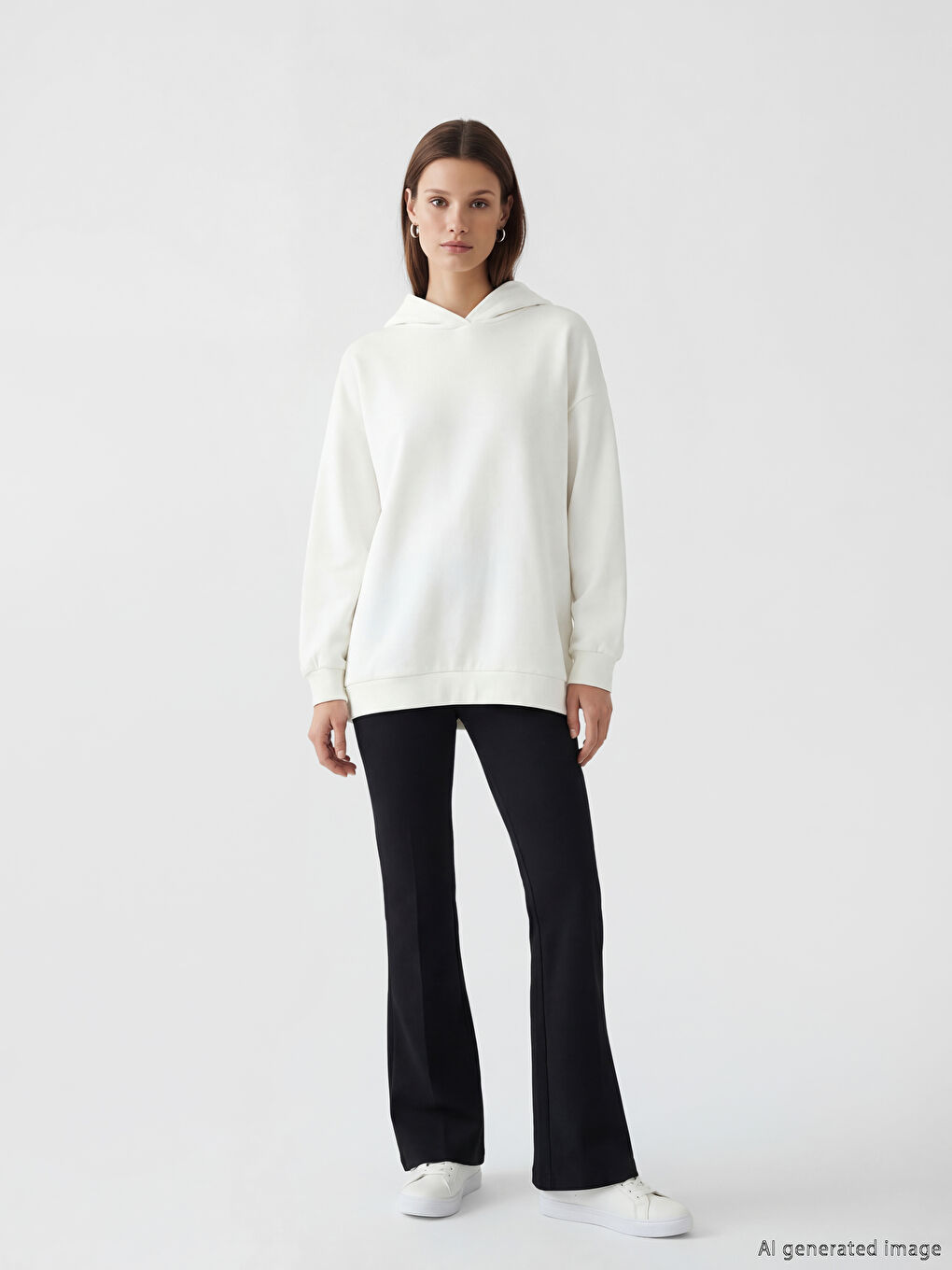 Beyaz Kapüşonlu Kadın Sweatshirt Tunik-1