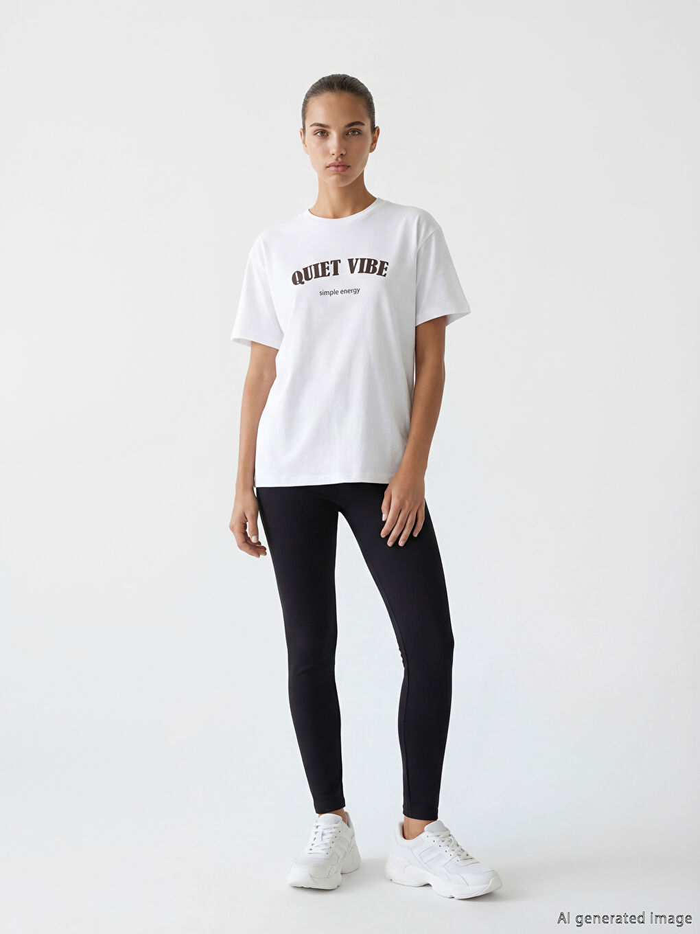 Beyaz Bisiklet Yaka Baskılı Oversize Kadın Spor Tişört-1