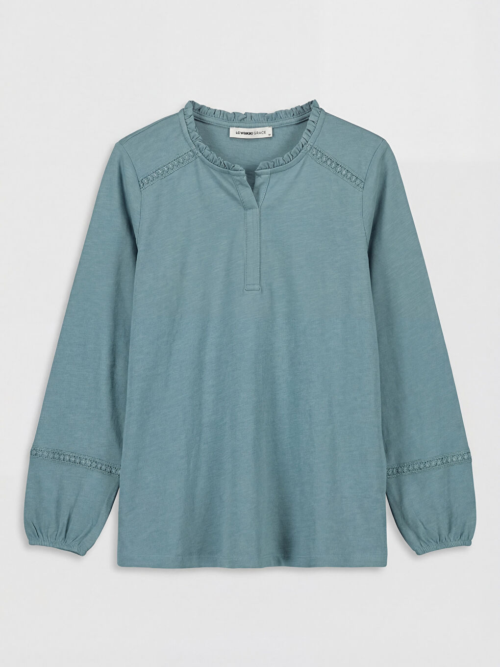 Mavi Kaçık Yaka Nakışlı Bluz