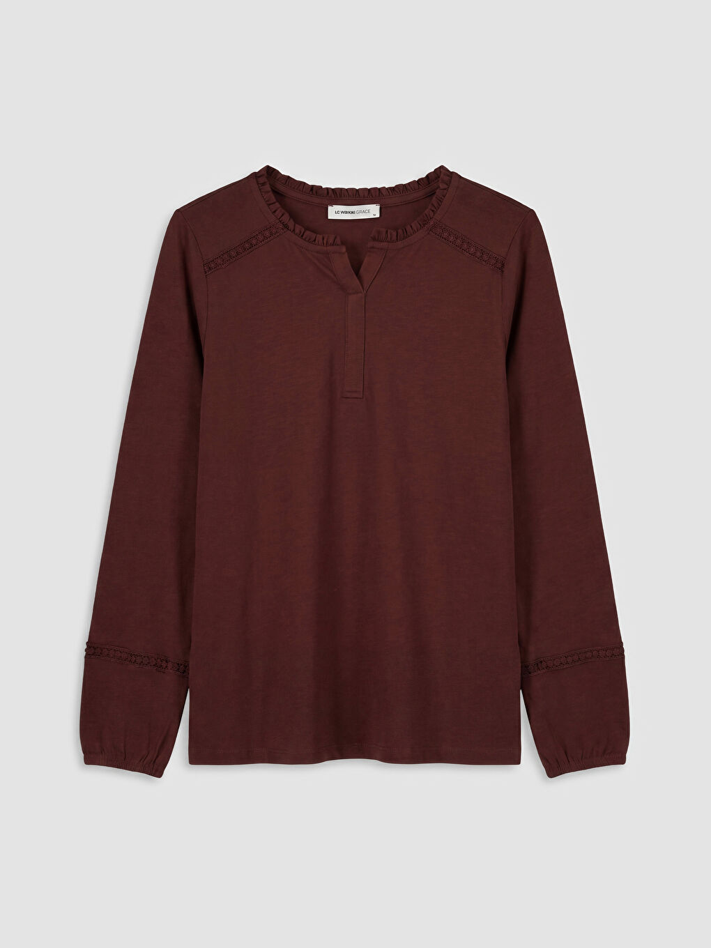 Kahverengi Kaçık Yaka Nakışlı Bluz