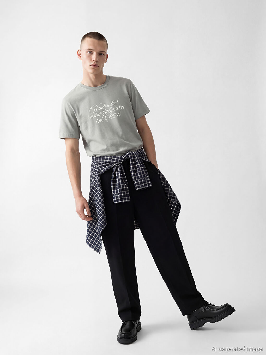 Gri Bisiklet Yaka Baskılı Erkek Penye Tişört	-1