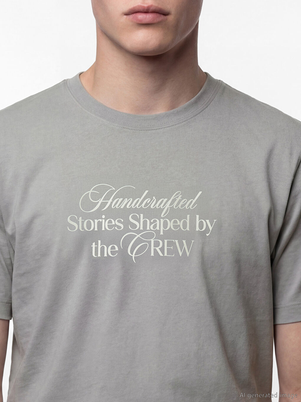 Gri Bisiklet Yaka Baskılı Erkek Penye Tişört	-2