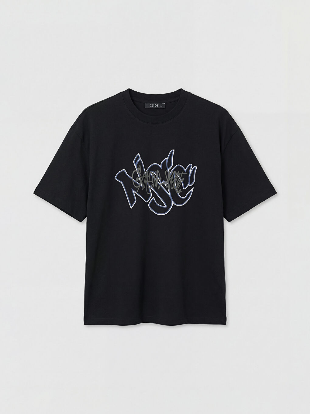 Siyah Oversize Bisiklet Yaka Baskılı Erkek Tişört