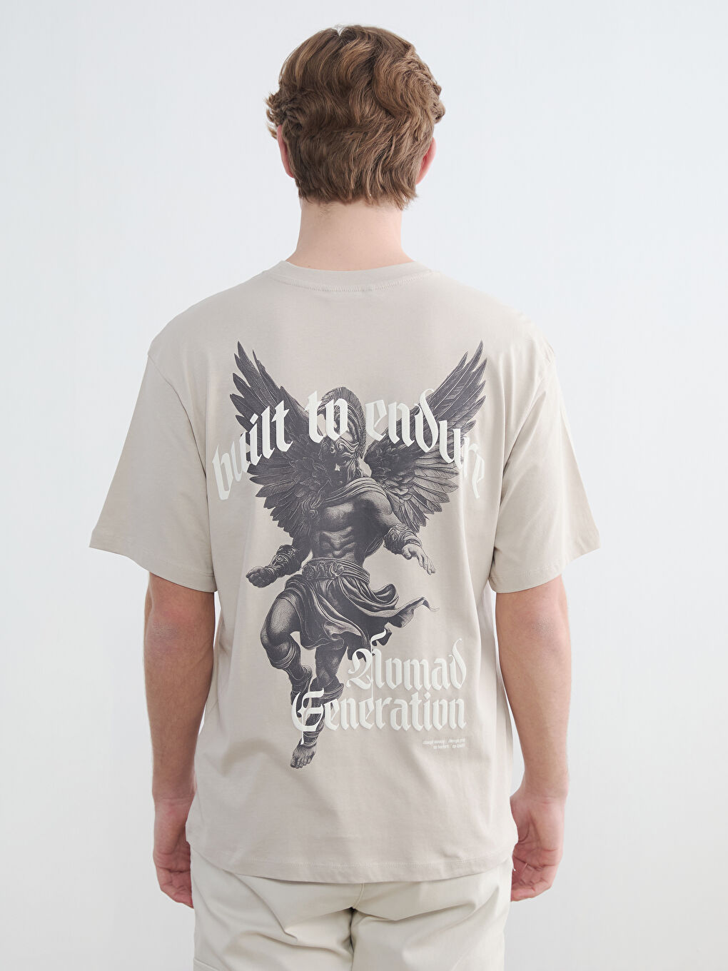 Bej Bisiklet Yaka Baskılı Erkek Tişört-3