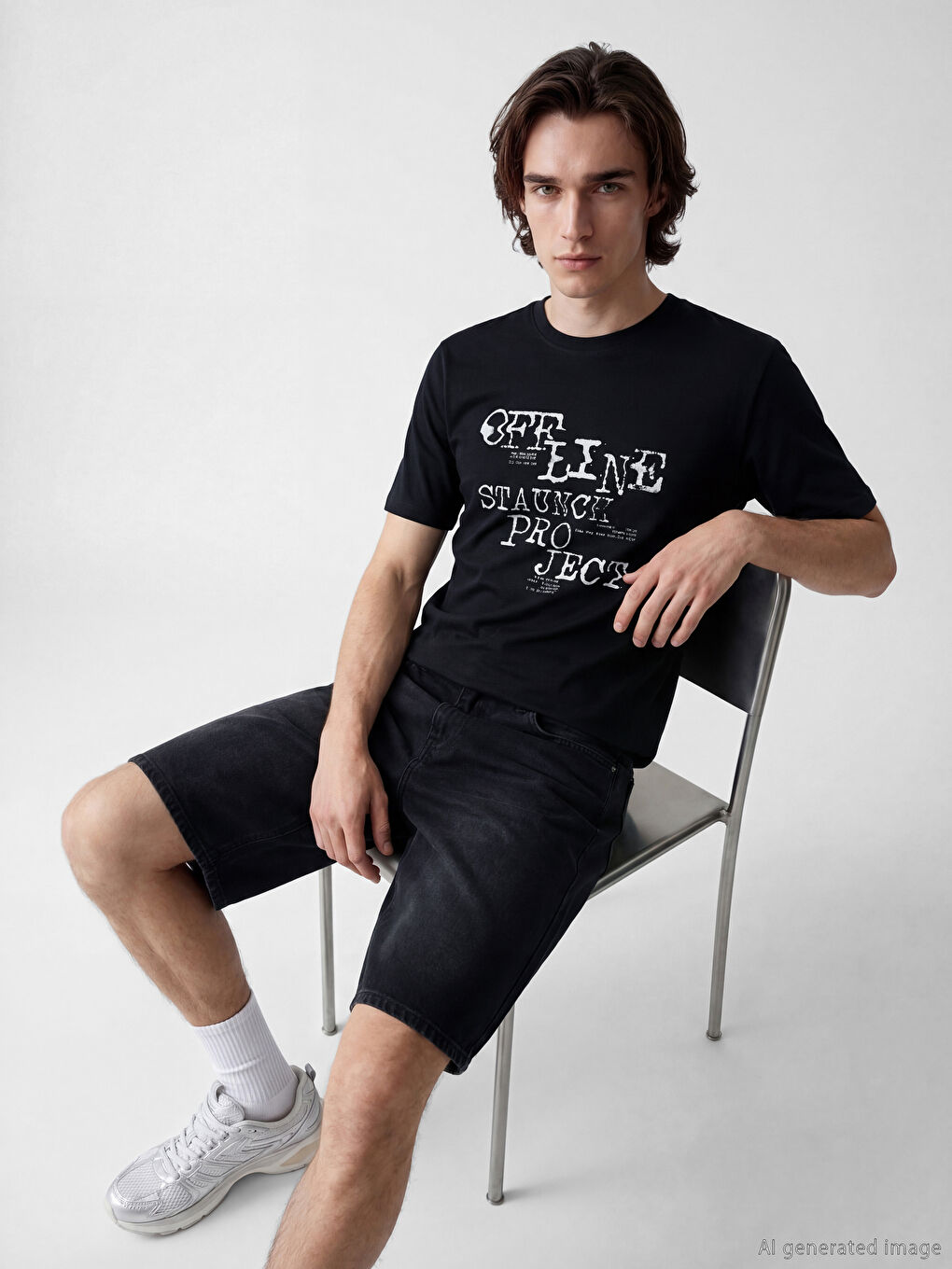 Siyah Bisiklet Yaka Baskılı Penye Erkek Tişört