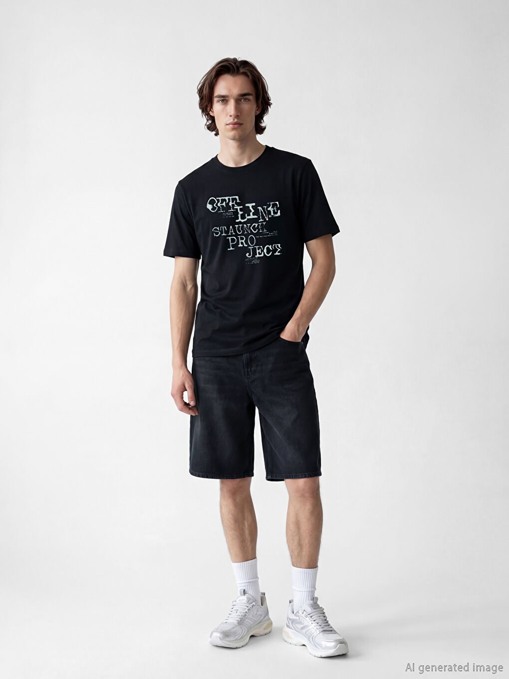 Siyah Bisiklet Yaka Baskılı Penye Erkek Tişört-1