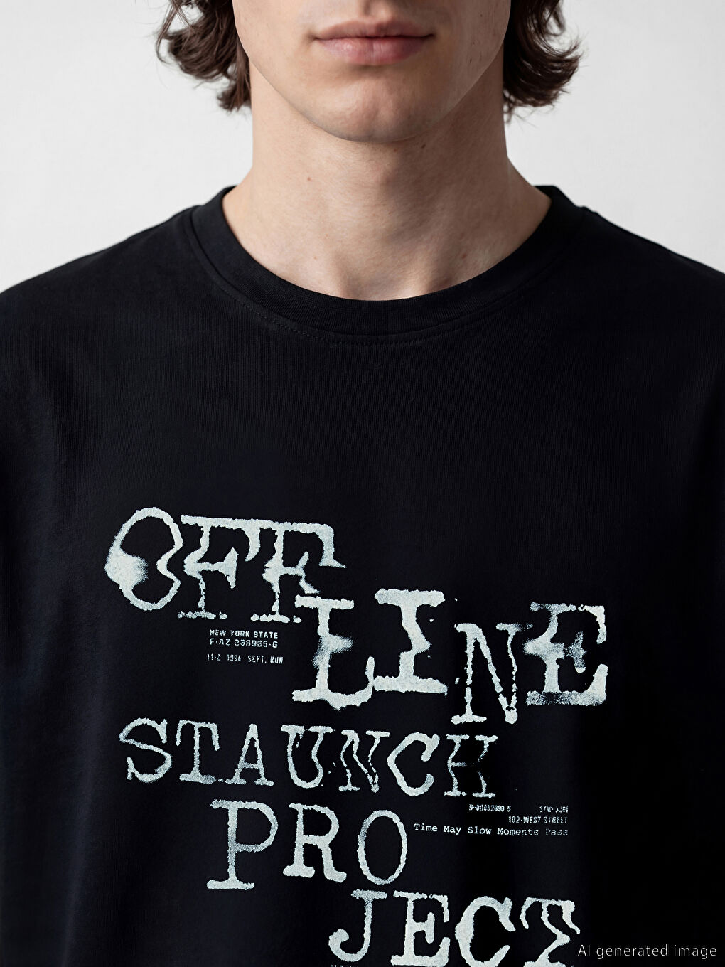 Siyah Bisiklet Yaka Baskılı Penye Erkek Tişört-2