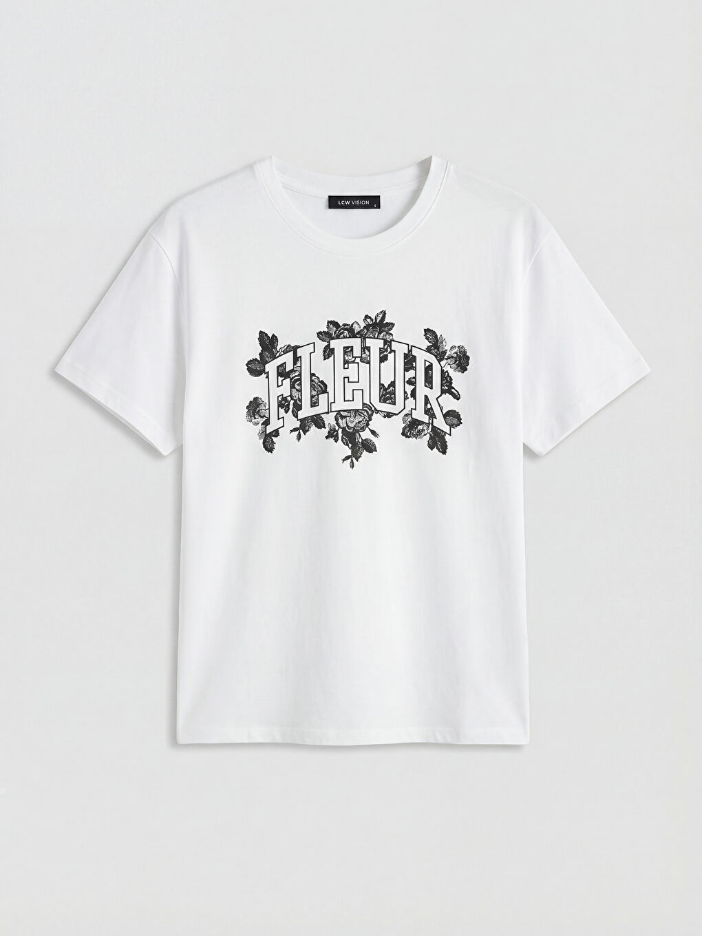 Beyaz Bisiklet Yaka Baskılı Kadın Tişört-4