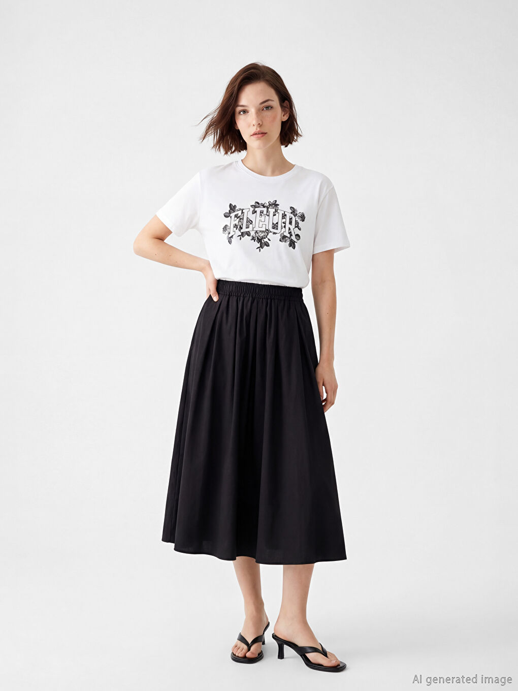 Beyaz Bisiklet Yaka Baskılı Kadın Tişört-1