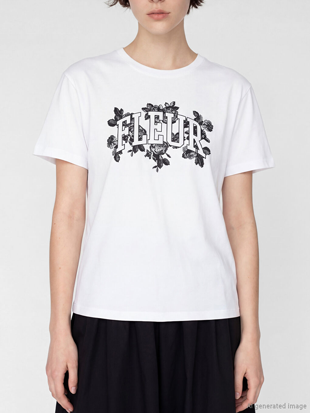 Beyaz Bisiklet Yaka Baskılı Kadın Tişört-2