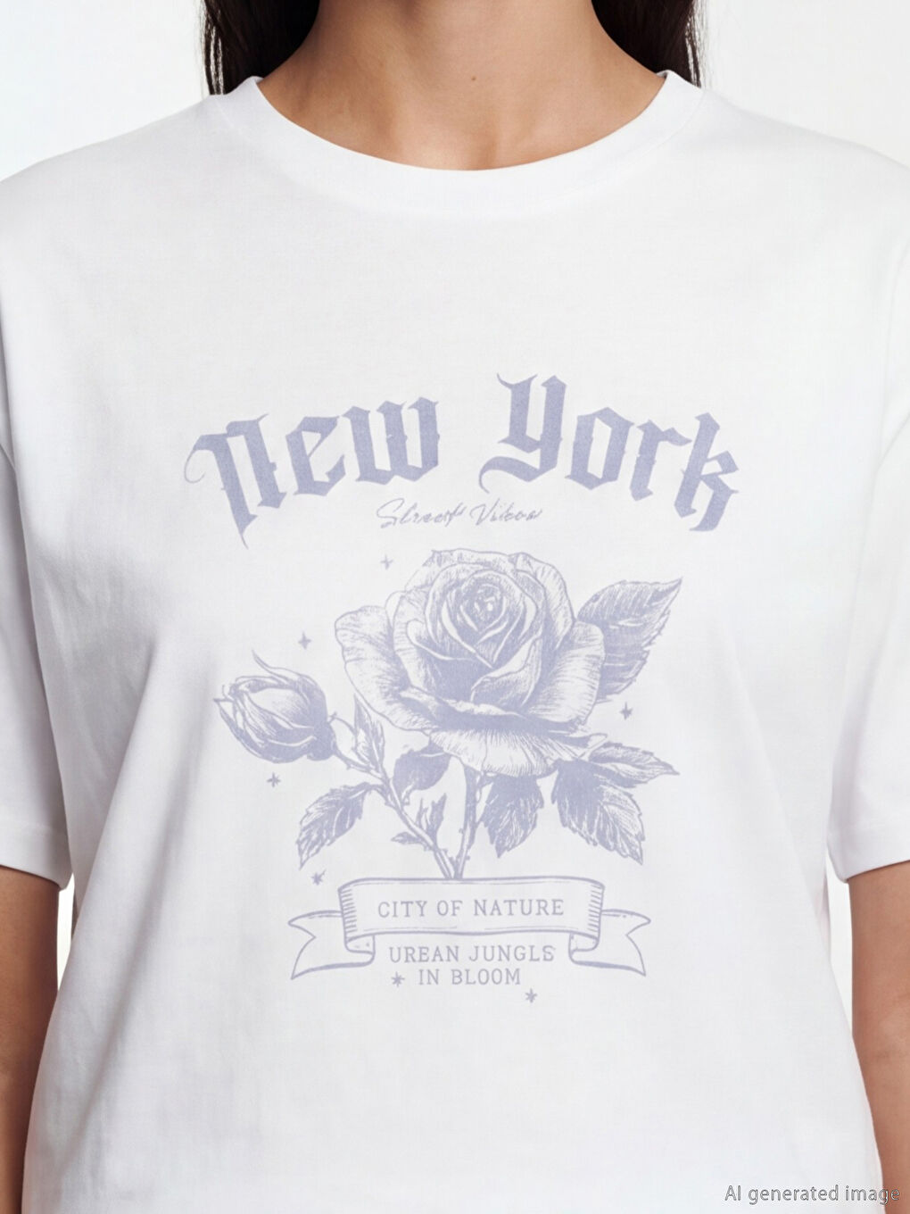 Beyaz New York Baskılı Oversize Kadın Tişört-1