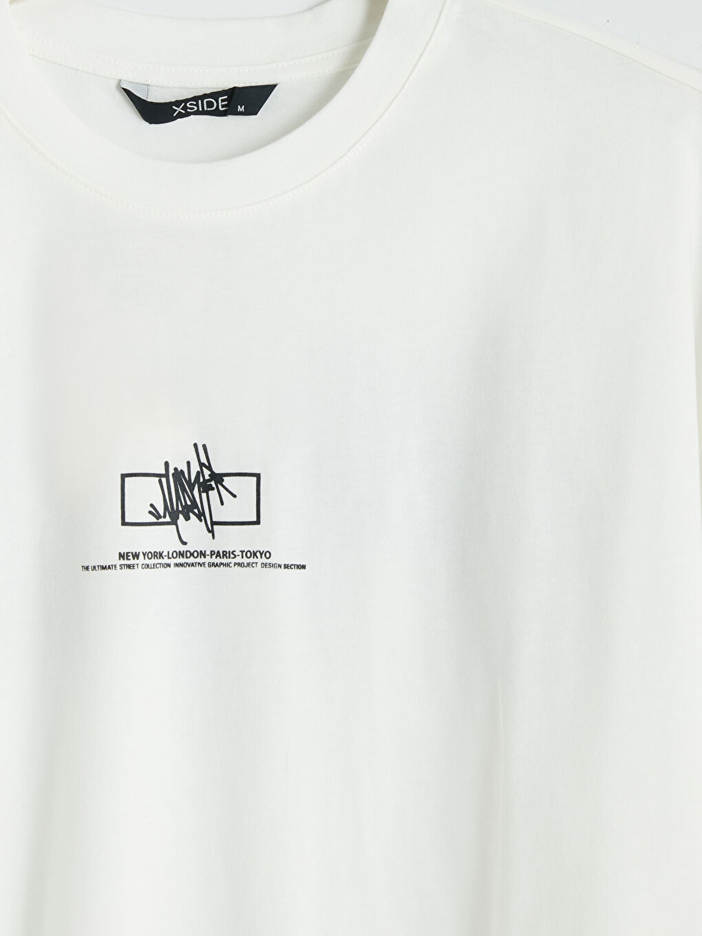 Ekru Bisiklet Yaka Baskılı Penye Erkek Tişört-2