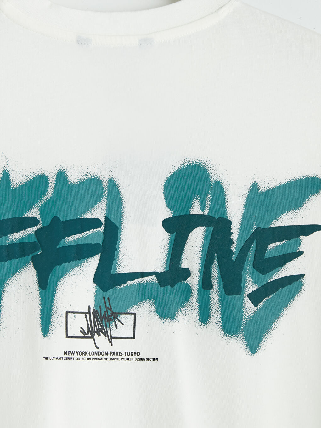 Ekru Bisiklet Yaka Baskılı Penye Erkek Tişört-3