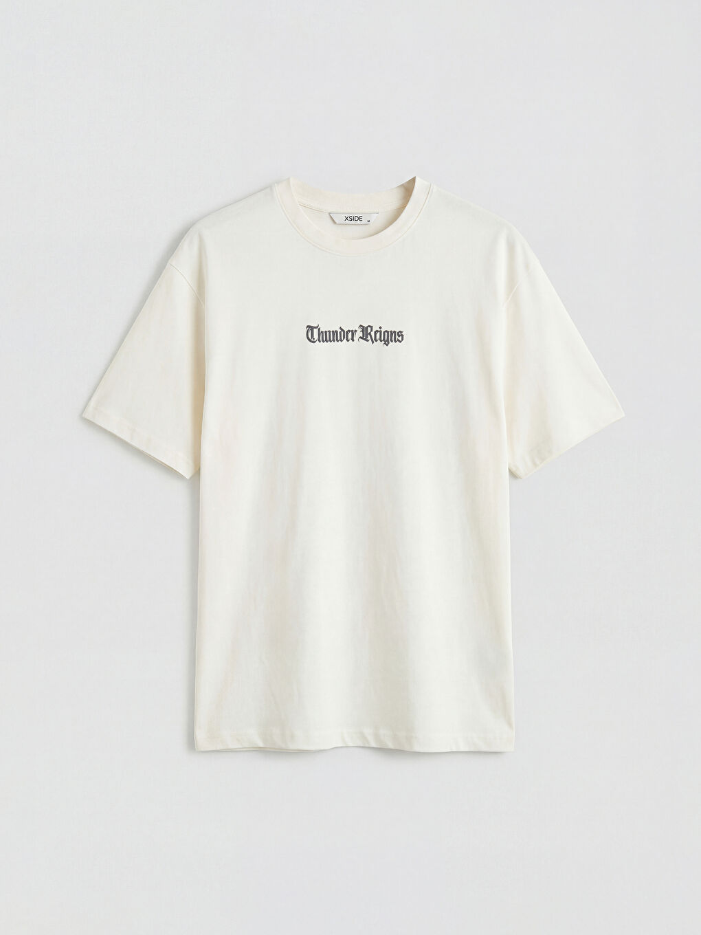 Ekru Oversize Bisiklet Yaka Baskılı Erkek Tişört