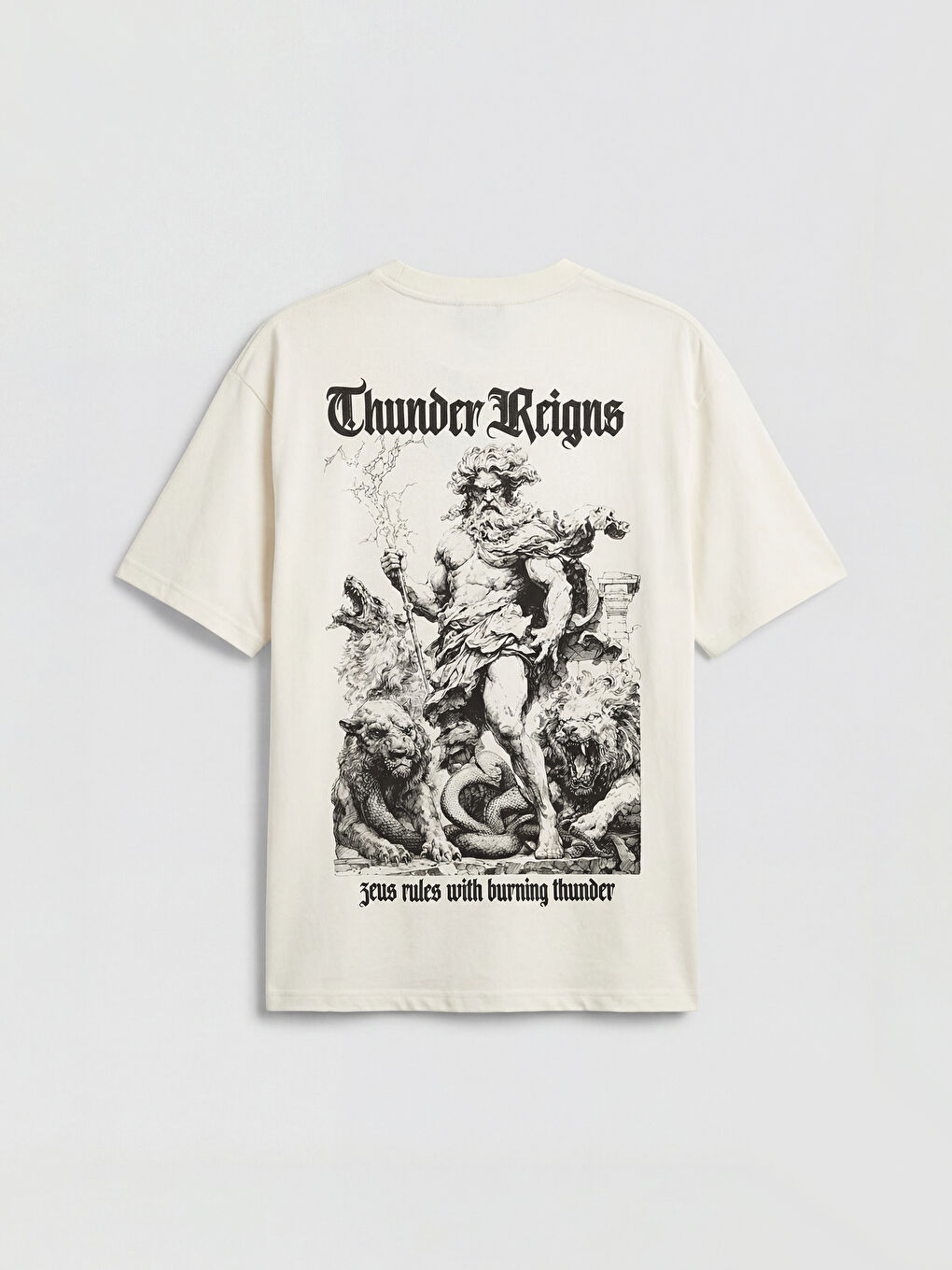 Ekru Oversize Bisiklet Yaka Baskılı Erkek Tişört-1