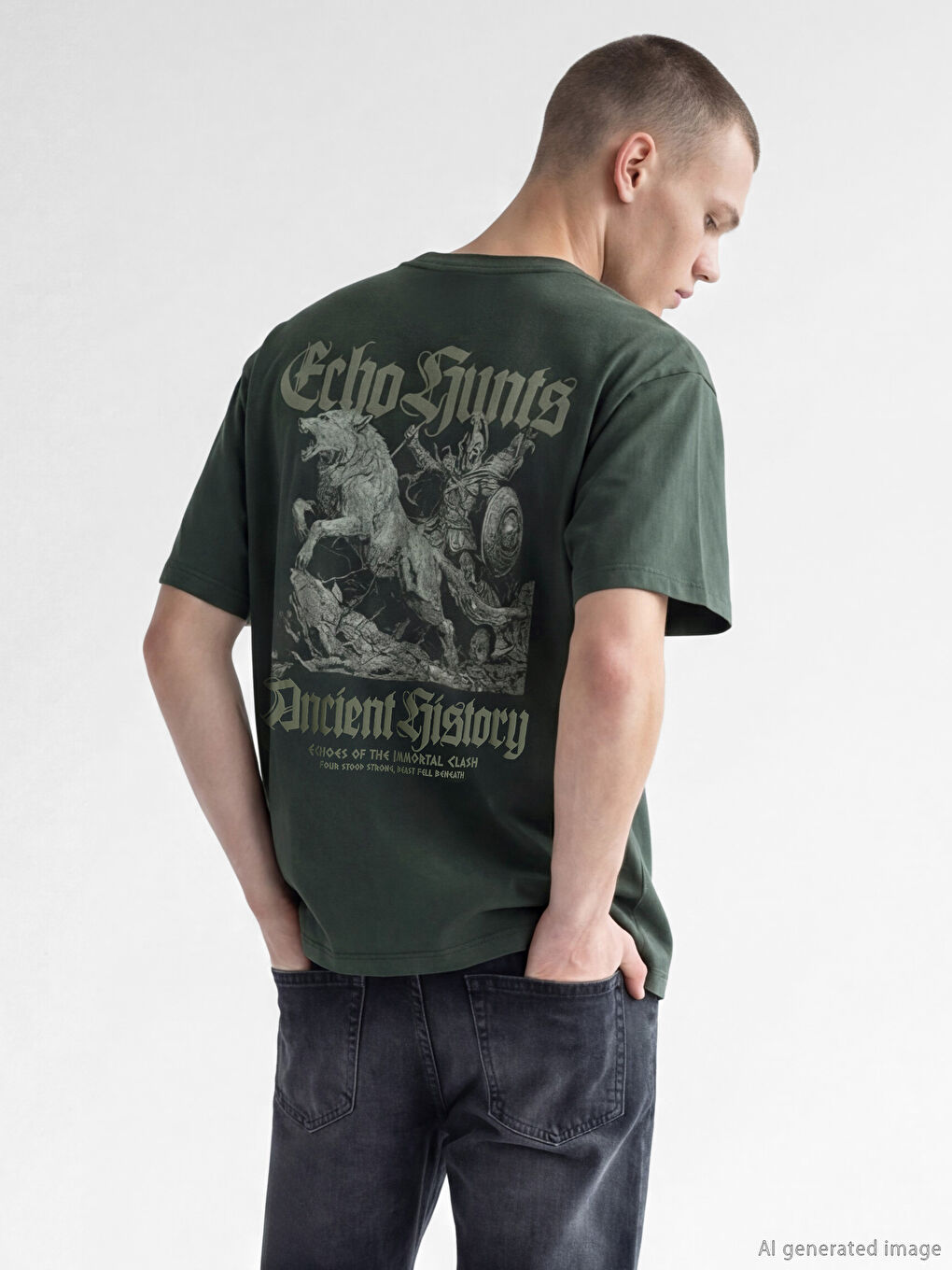 Haki Bisiklet Yaka Oversize Baskılı Erkek Tişört