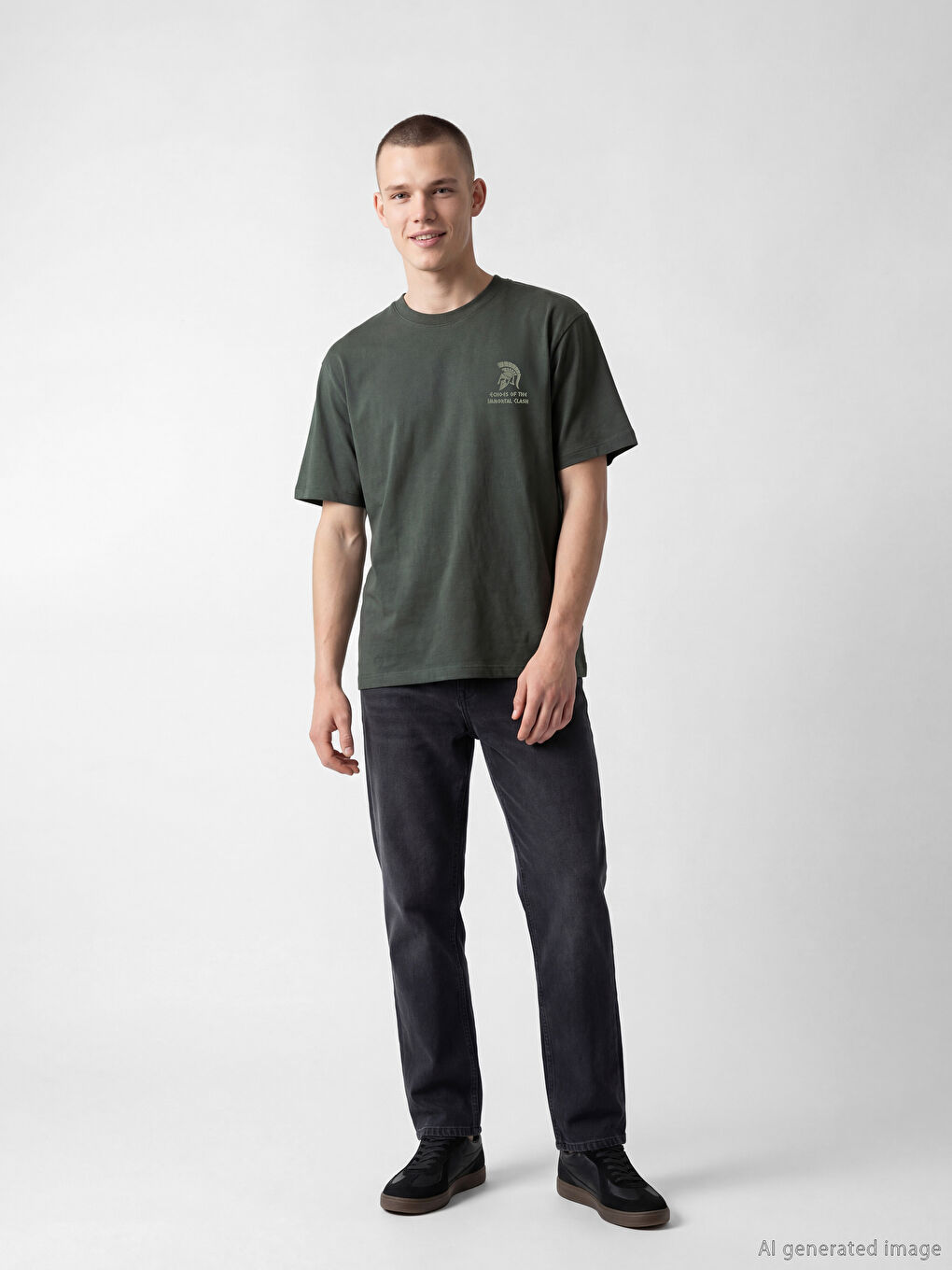 Haki Bisiklet Yaka Oversize Baskılı Erkek Tişört-1