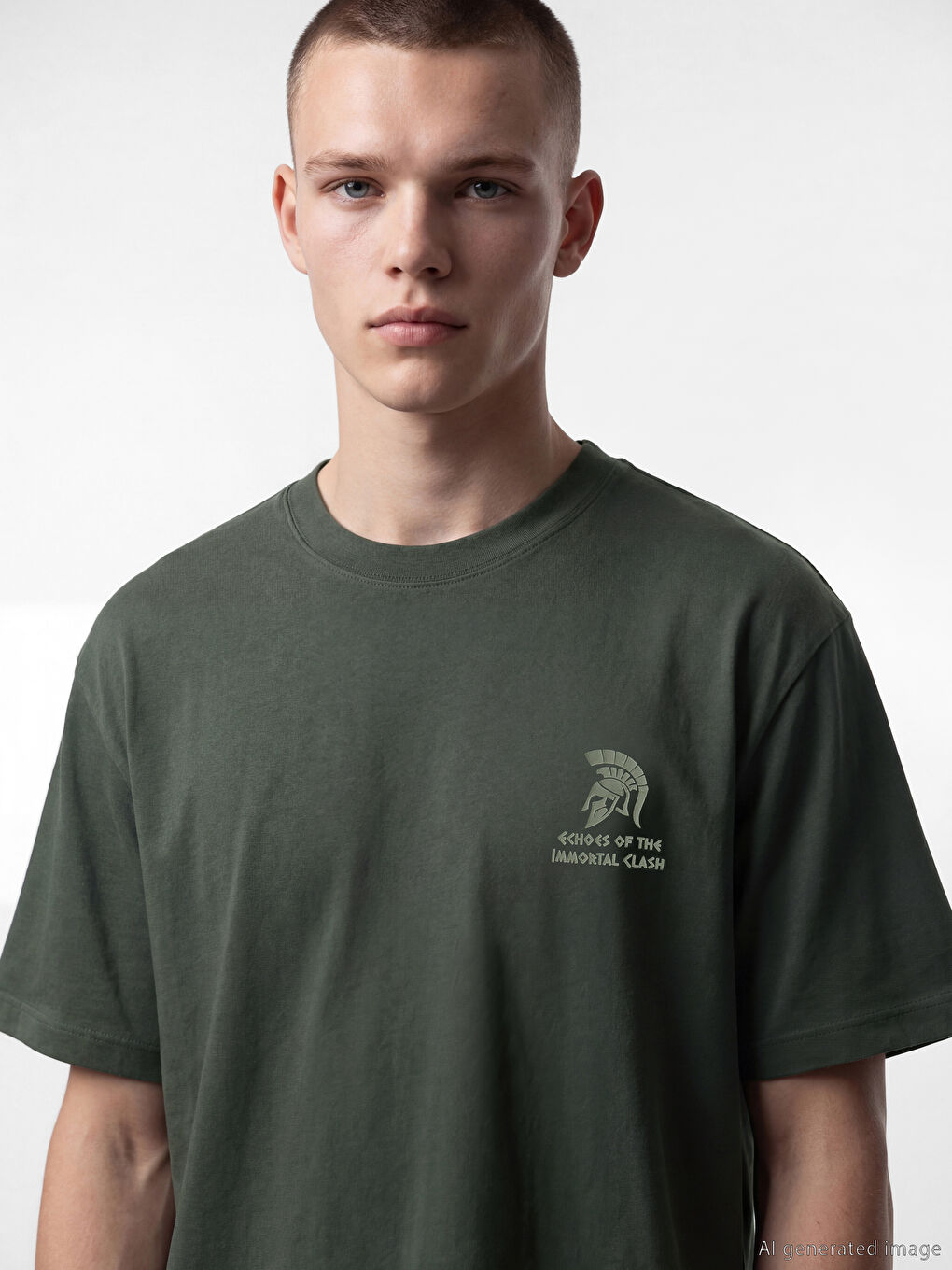 Haki Bisiklet Yaka Oversize Baskılı Erkek Tişört-2