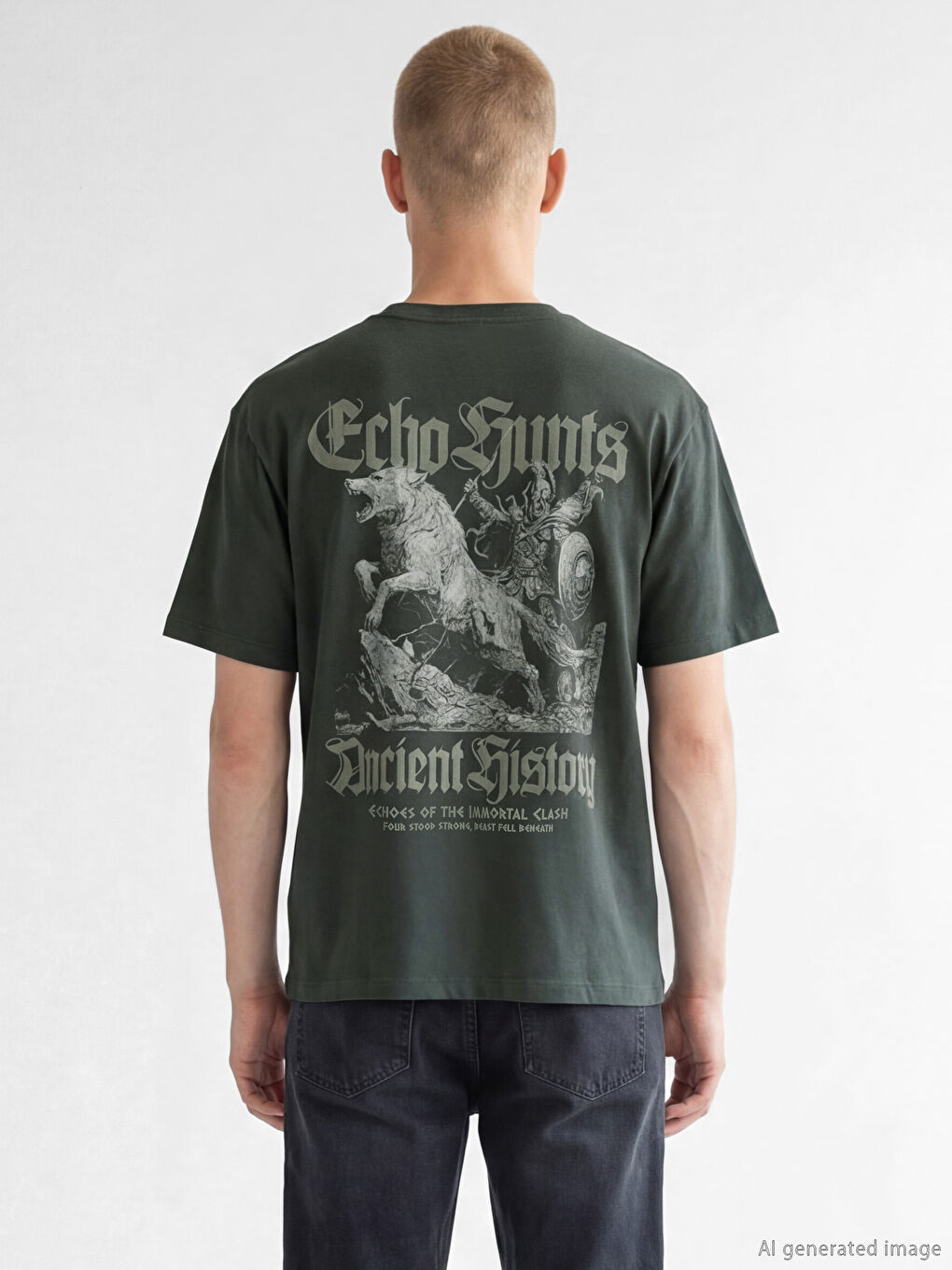 Haki Bisiklet Yaka Oversize Baskılı Erkek Tişört-3