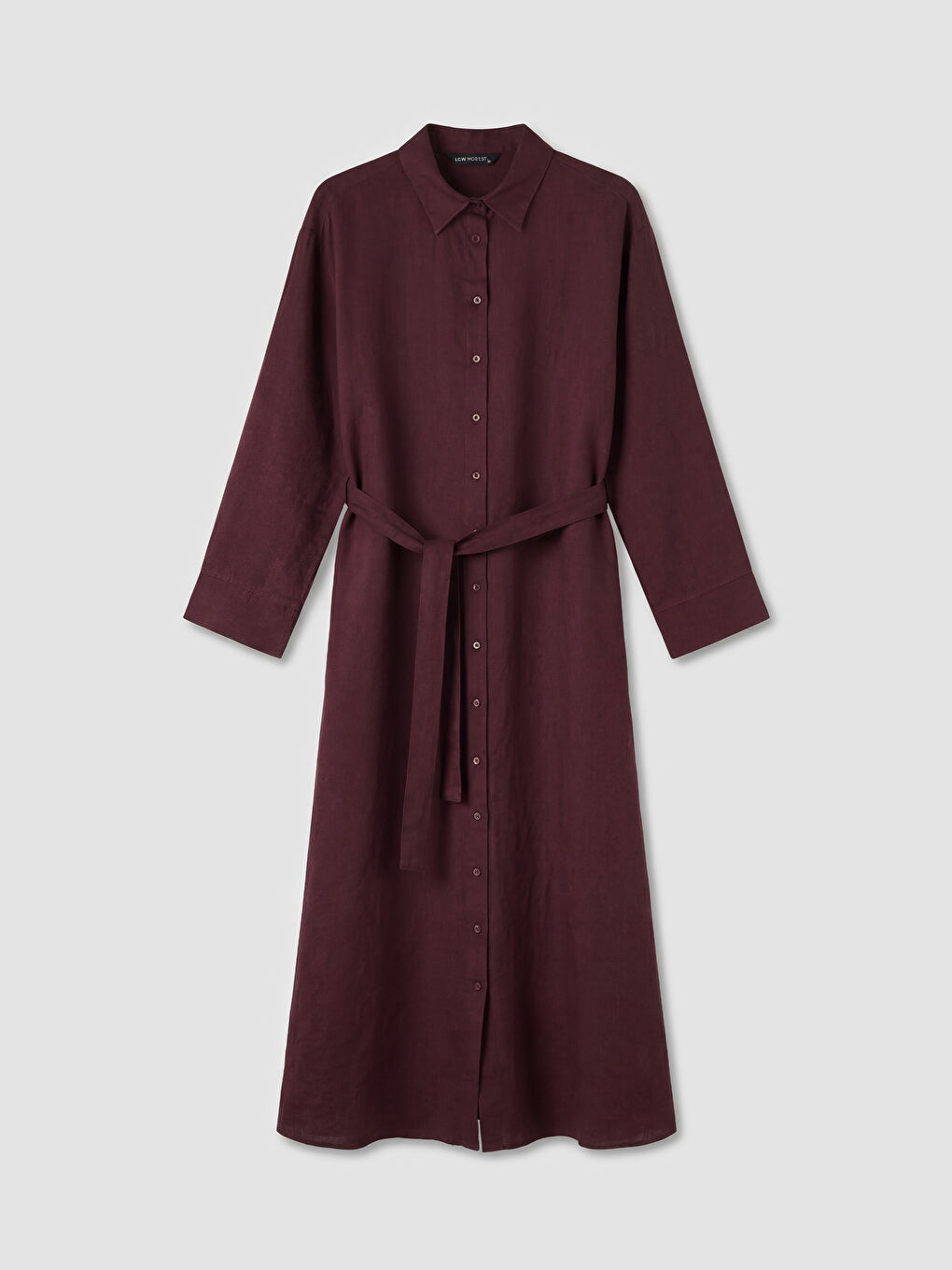 Mürdüm Kuşaklı Keten Gömlek Elbise