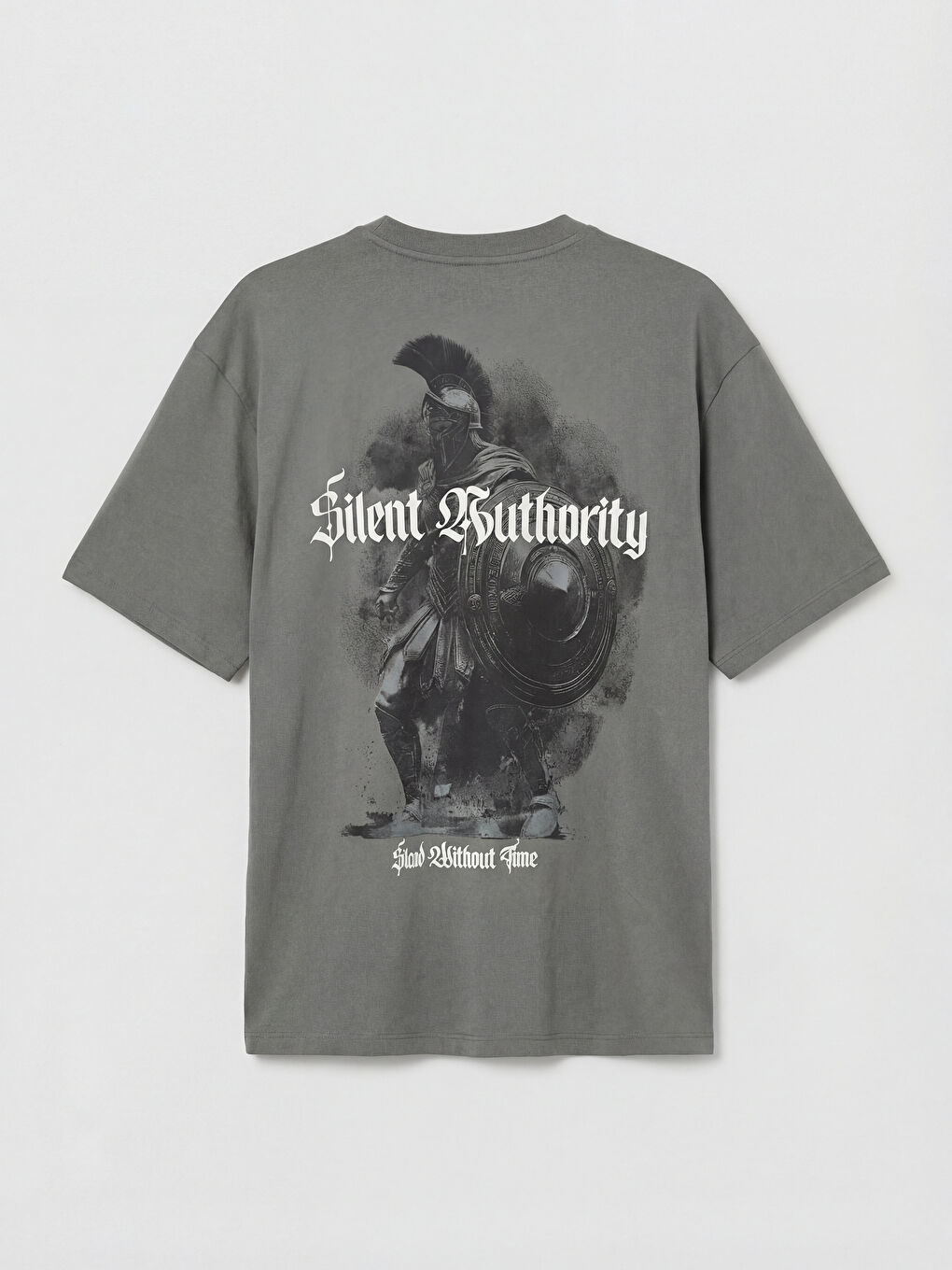 Gri Bisiklet Yaka Oversize Baskılı Erkek Tişört-5