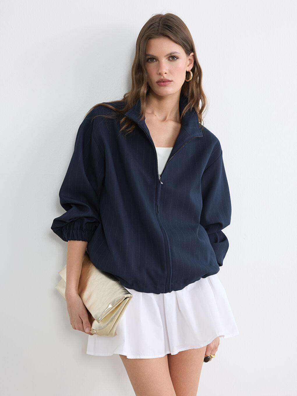 Lacivert Dik Yaka Çizgili Oversize Kadın Ceket