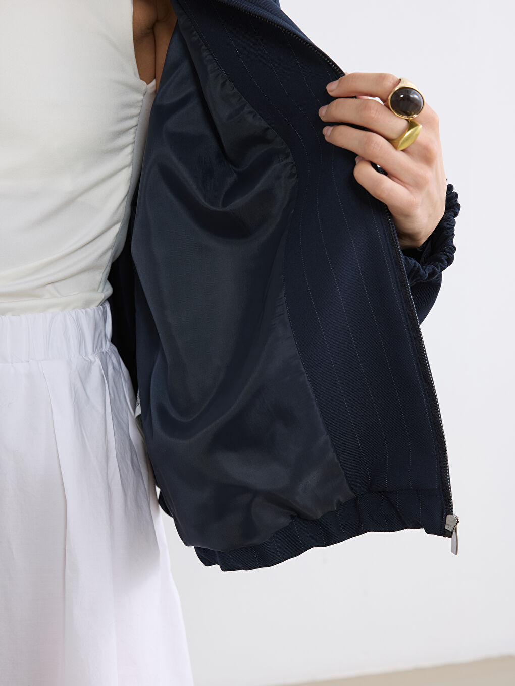 Lacivert Dik Yaka Çizgili Oversize Kadın Ceket-3