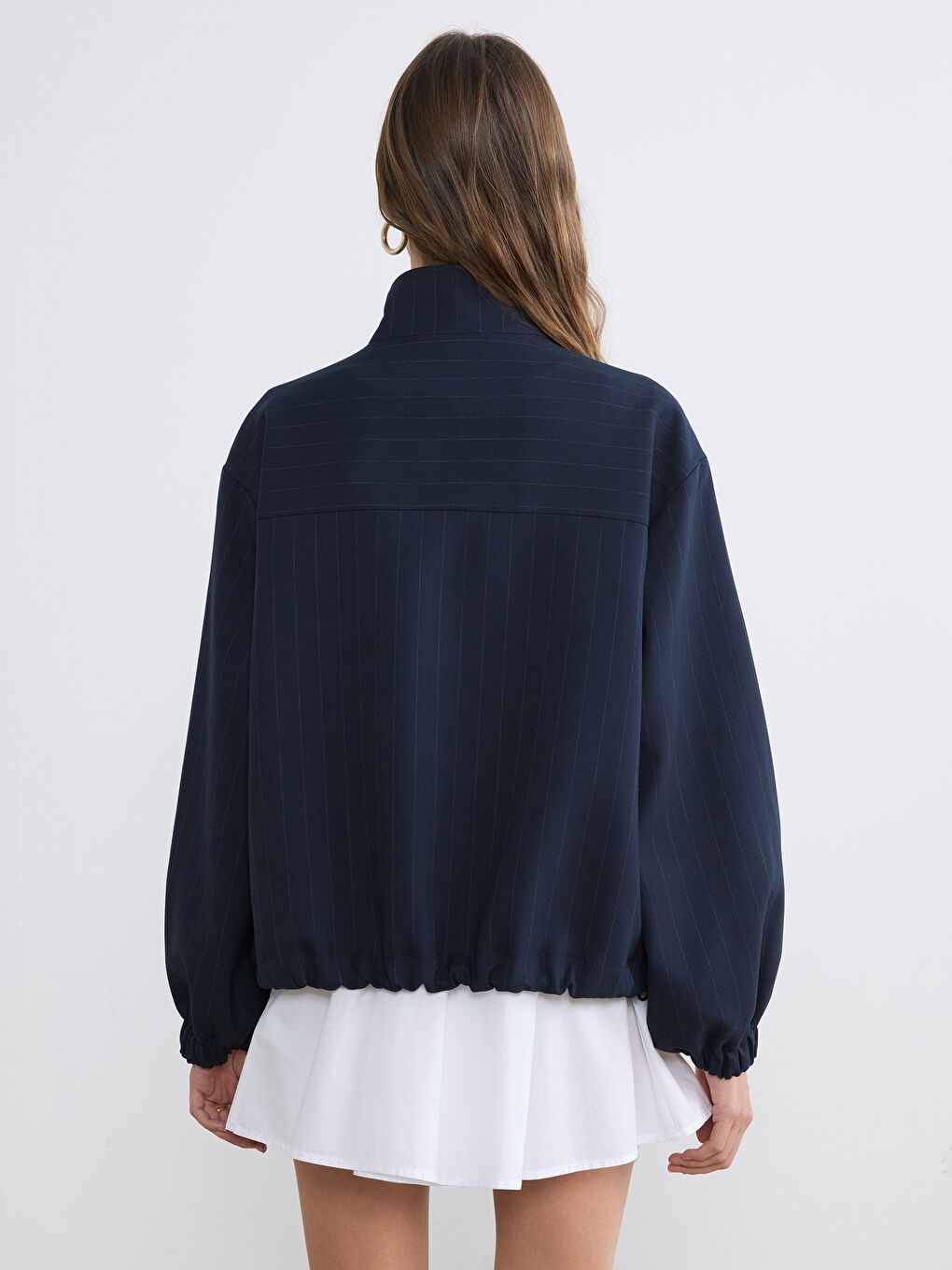 Lacivert Dik Yaka Çizgili Oversize Kadın Ceket-4