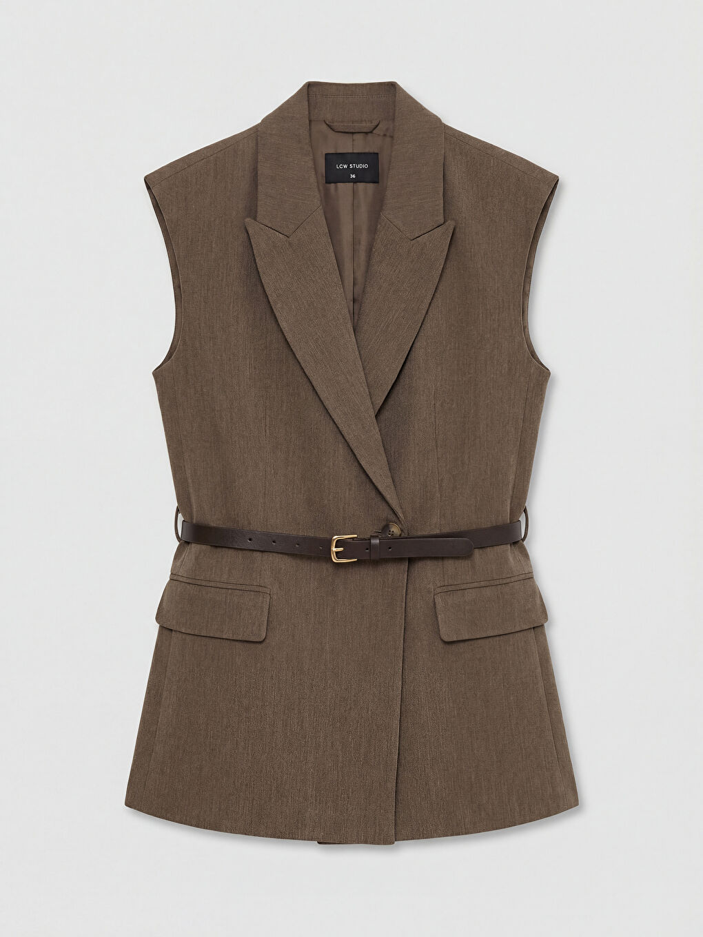 Kahverengi Kruvaze Yaka Kemerli Kadın Klasik Yelek