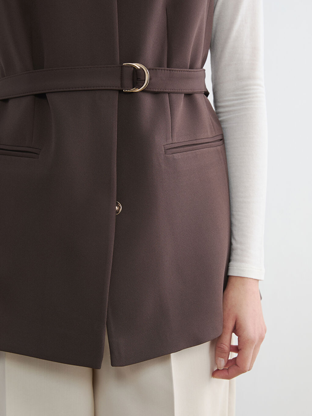 Kahverengi V Yaka Beli Kemerli Kadın Klasik Yelek	-2