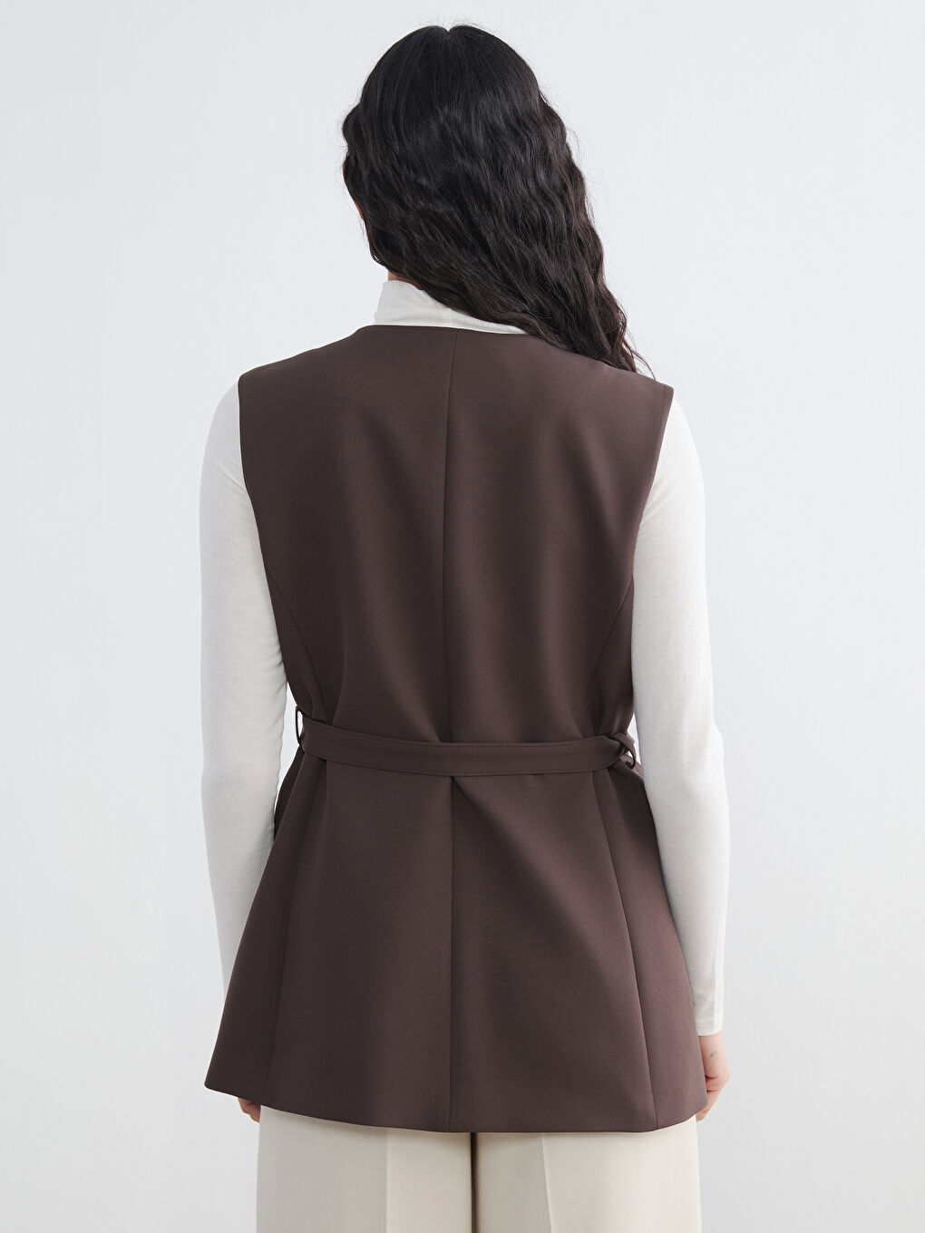 Kahverengi V Yaka Beli Kemerli Kadın Klasik Yelek	-4