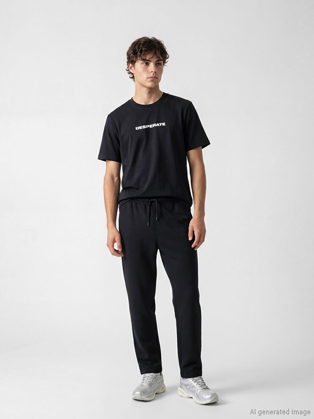 Siyah  Bisiklet Yaka Baskılı Erkek Tişört-1