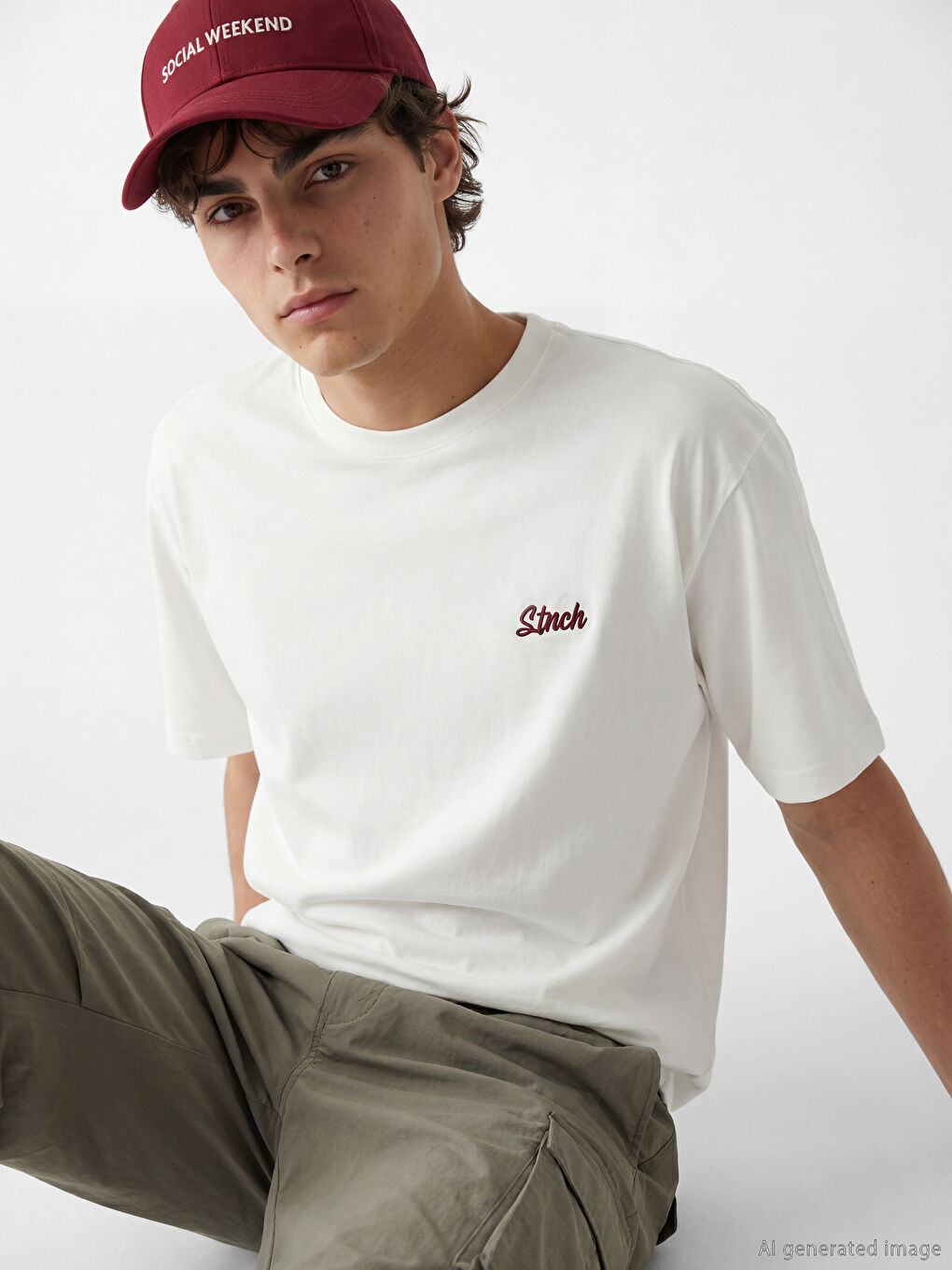 Ekru Bisiklet Yaka Baskılı Erkek Tişört