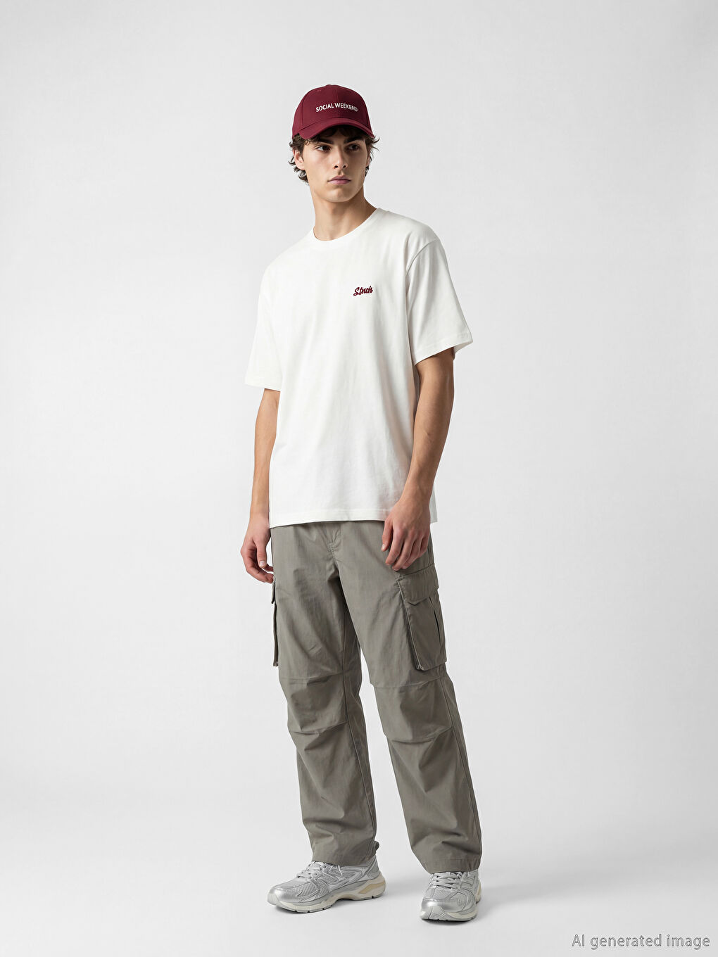 Ekru Bisiklet Yaka Baskılı Erkek Tişört-1