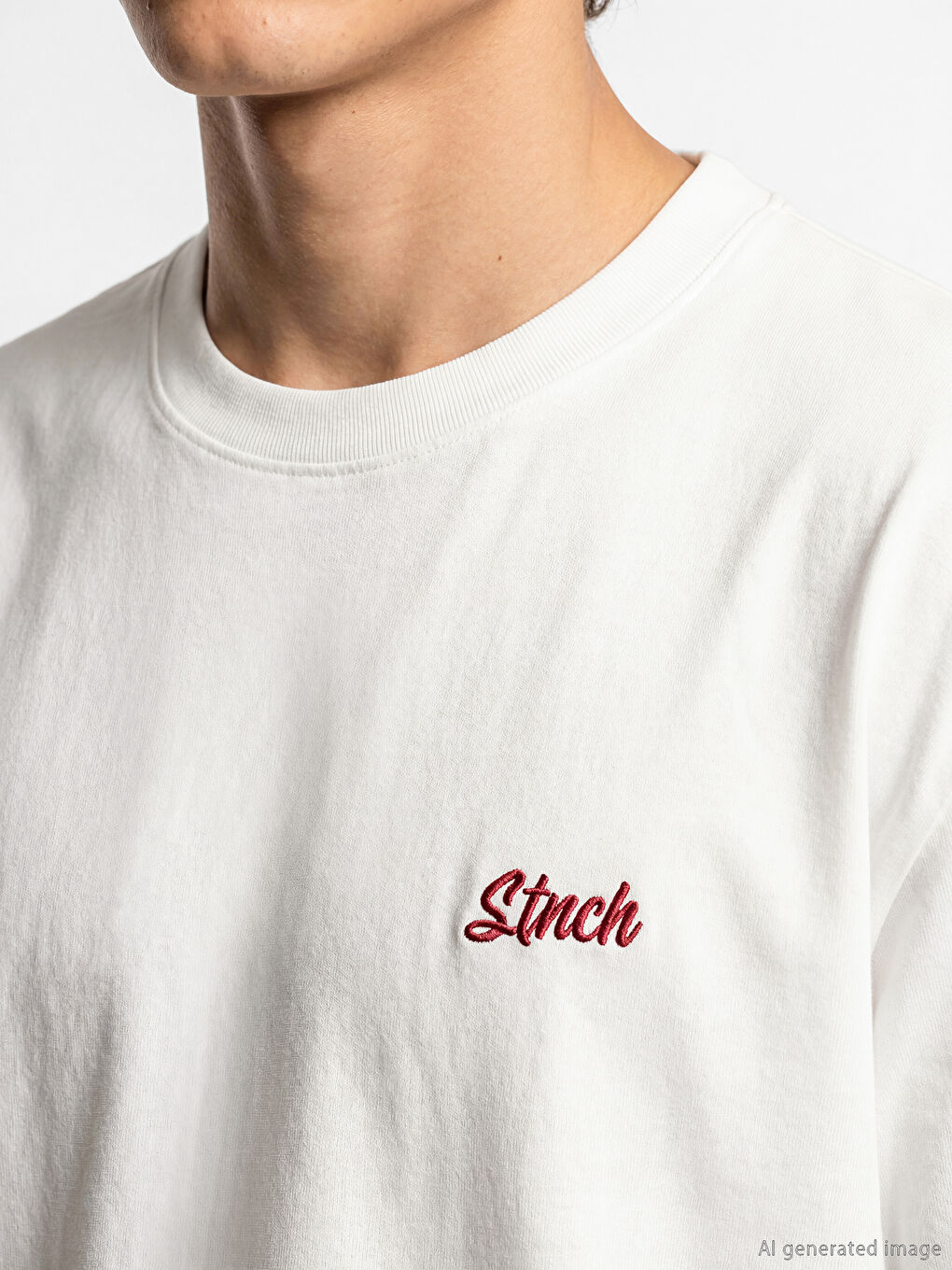 Ekru Bisiklet Yaka Baskılı Erkek Tişört-2