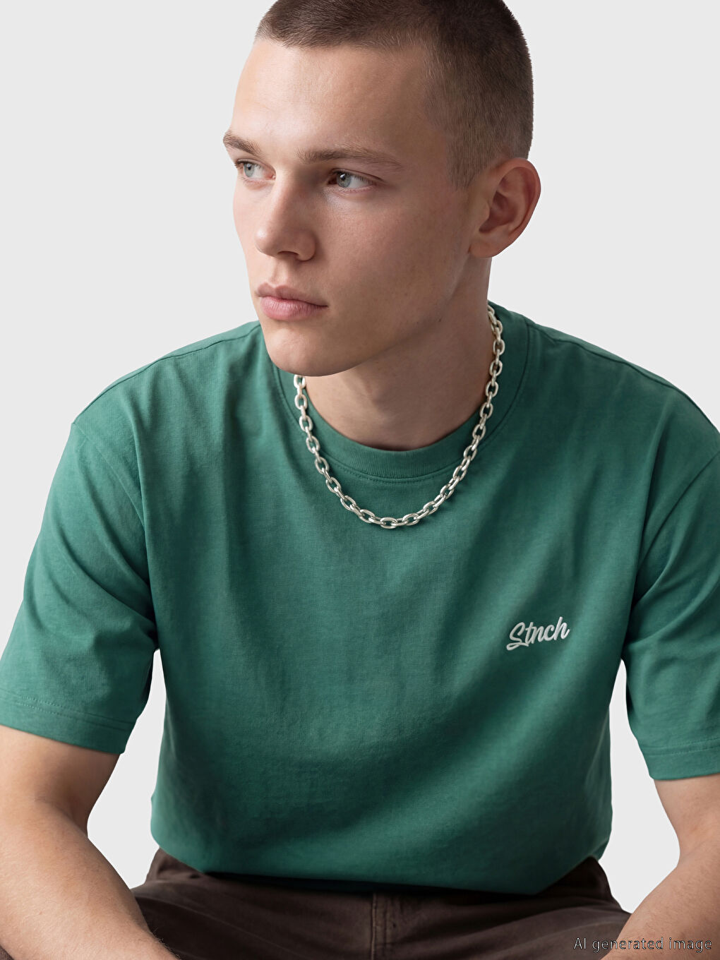 Yeşil Bisiklet Yaka Baskılı Erkek Tişört