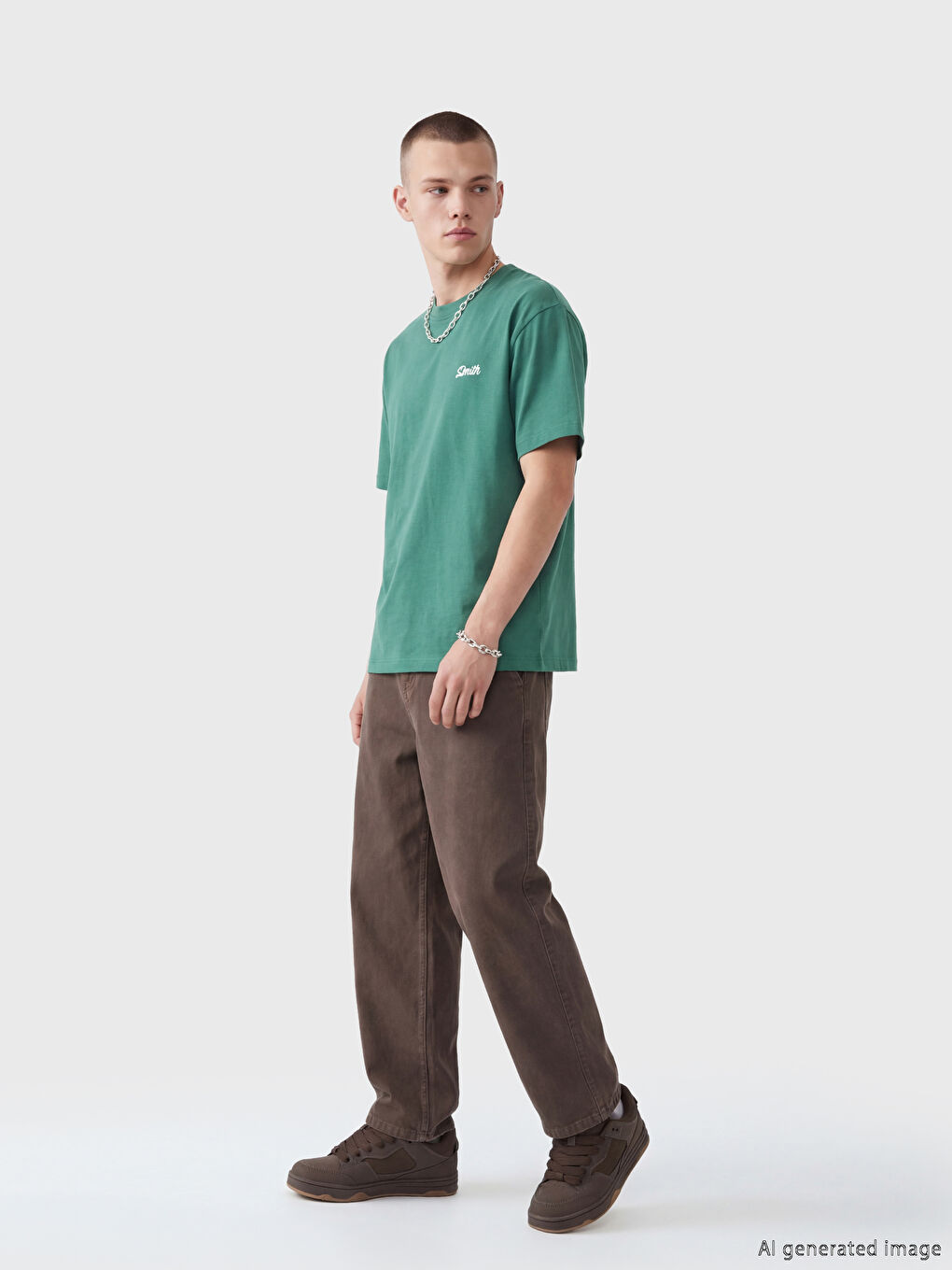 Yeşil Bisiklet Yaka Baskılı Erkek Tişört-1