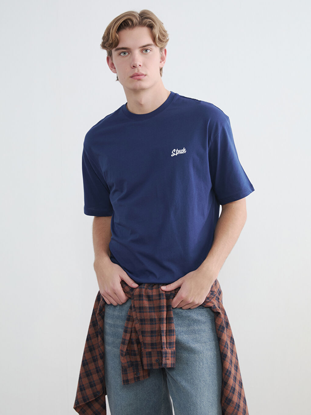 Lacivert Bisiklet Yaka Baskılı Erkek Tişört