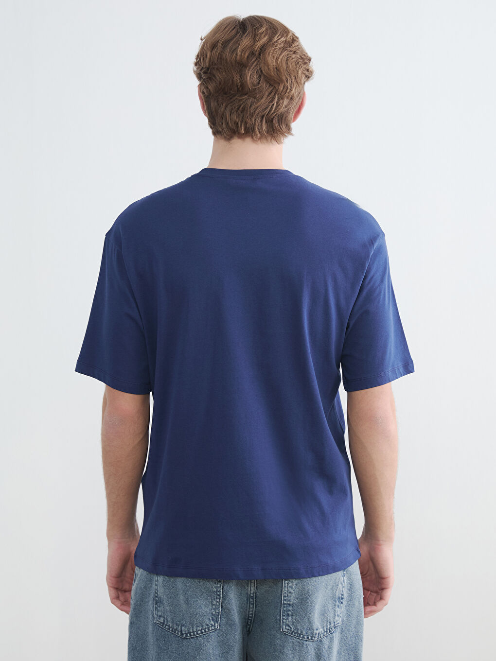 Lacivert Bisiklet Yaka Baskılı Erkek Tişört-3