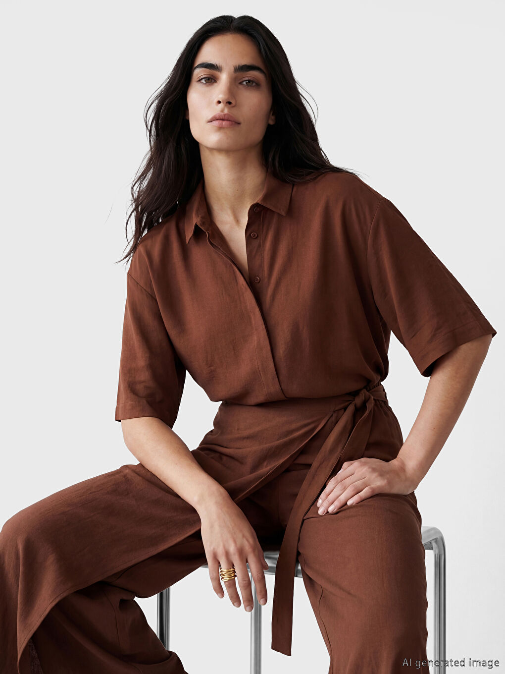 Kahverengi Oversize Krep Kadın Gömlek
