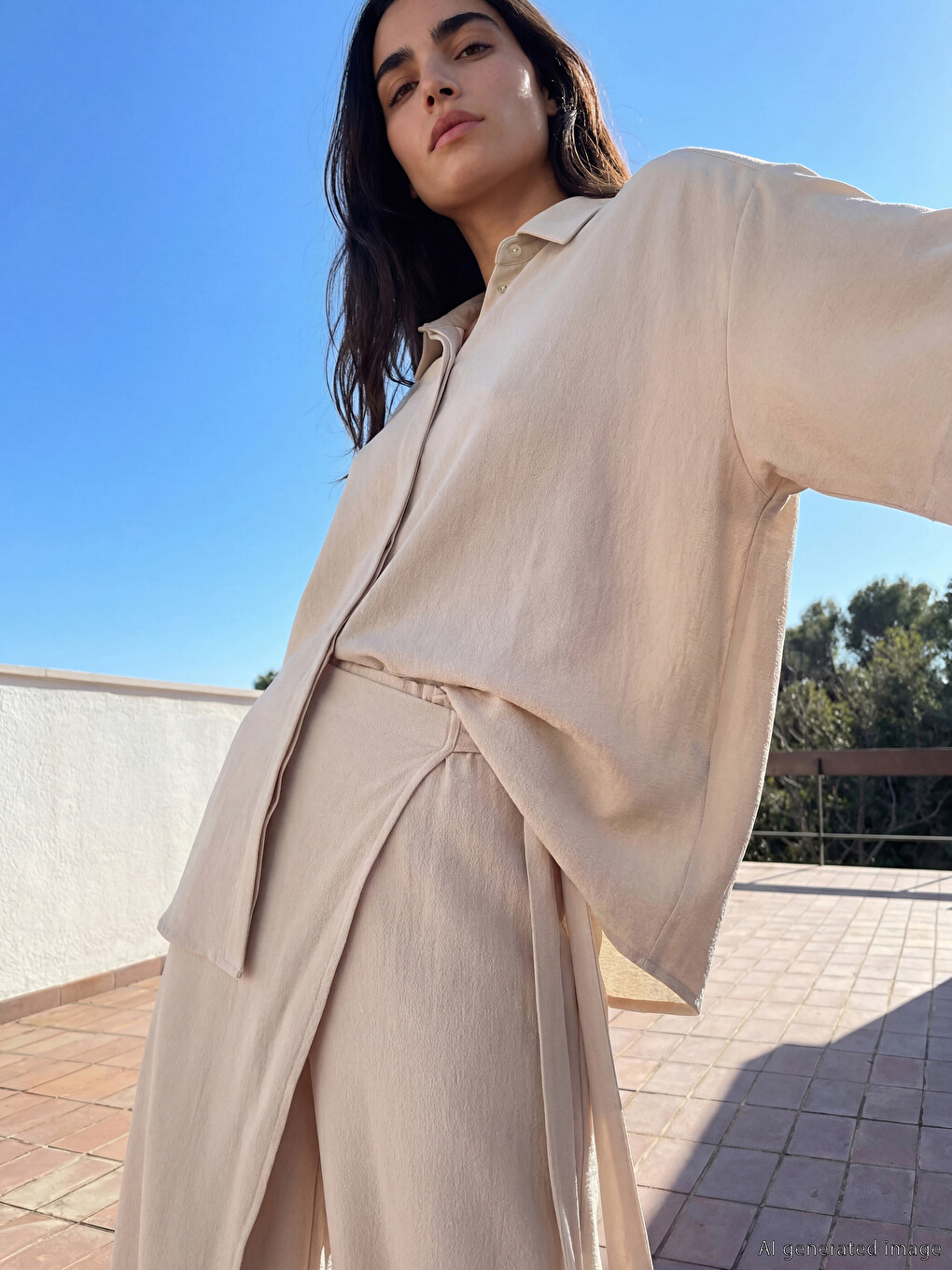 Bej Oversize Krep Kadın Gömlek