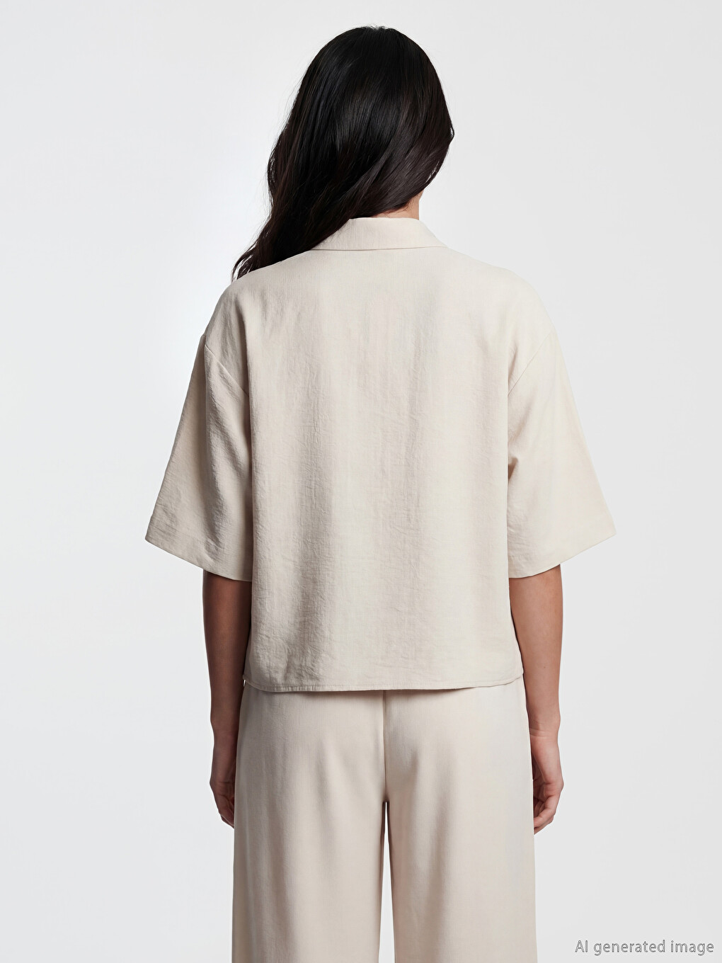 Bej Oversize Krep Kadın Gömlek-4