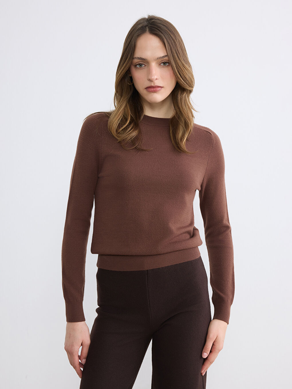 Kahverengi Bisiklet Yaka Kadın Triko Kazak	