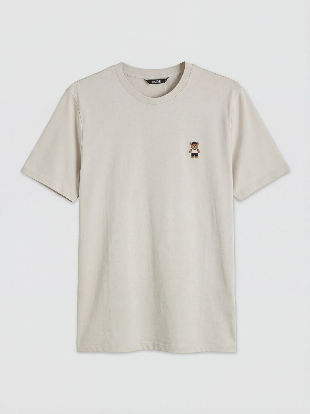 Bej Standart Fit Nakışlı Bisiklet Yaka Erkek Tişört